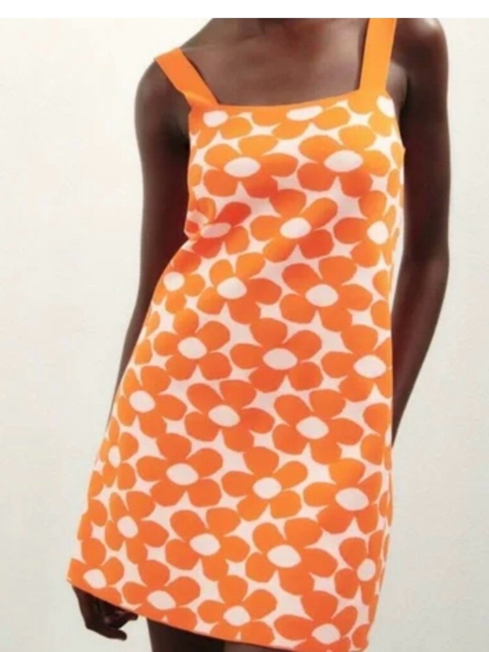 Zara 70s retro orange white floral daisy summer boho mini shift dress